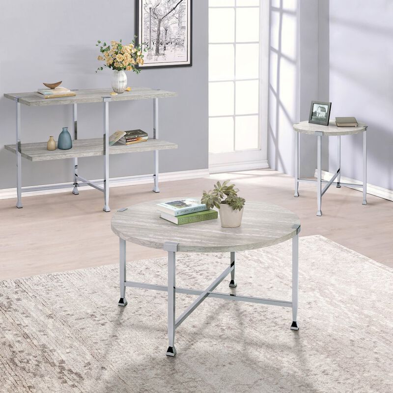 Plethoria Home White Oak and Chrome Round Coffee Table