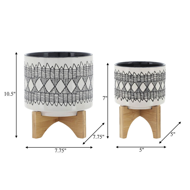 Aztec Planter on Wooden Stand, Gray Set