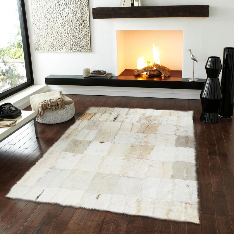White Beige Patchwork Plush Rug - Soft Handmade Shaggy Carpet image number 1