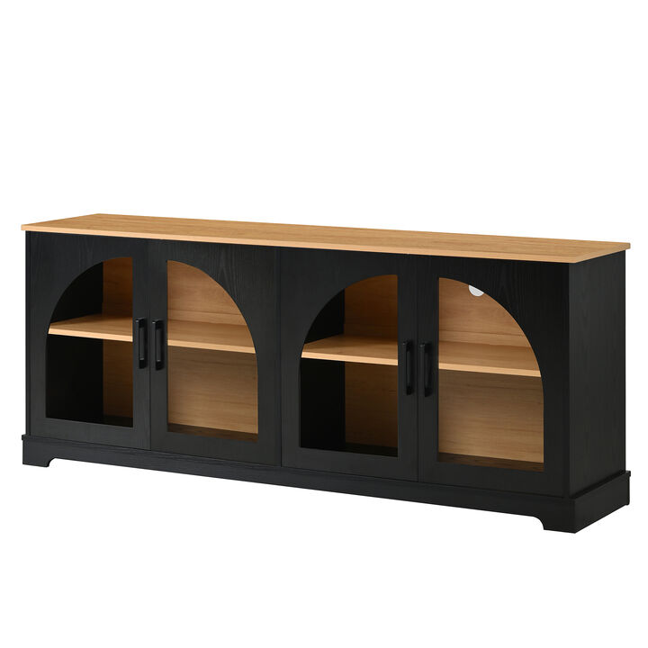 Merax Modern TV Cabinet with Glass-Front Storage, Adjustable Shelving, Built-In Cable Holes