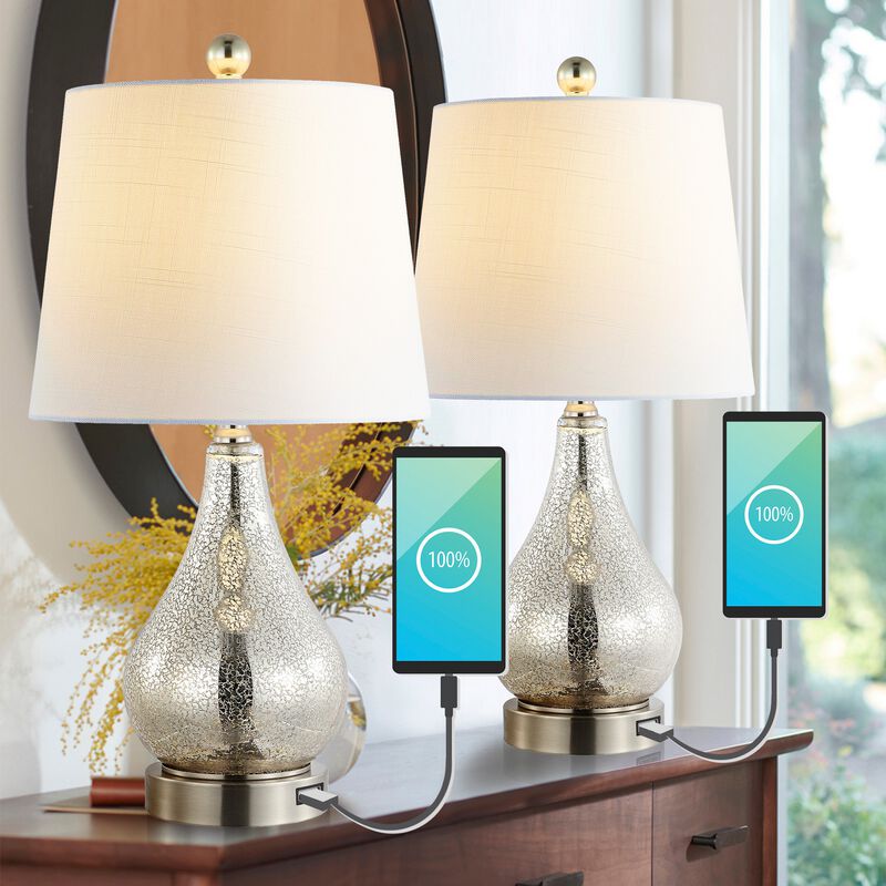 Dino Farmhouse Industrial Iron/Glass LED Table Lamp with USB Charging Port