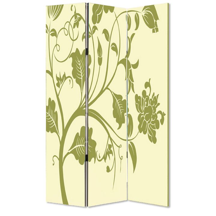 3 Panel Room Divider with Stems and Flower Pattern, Cream and Green-Benzara