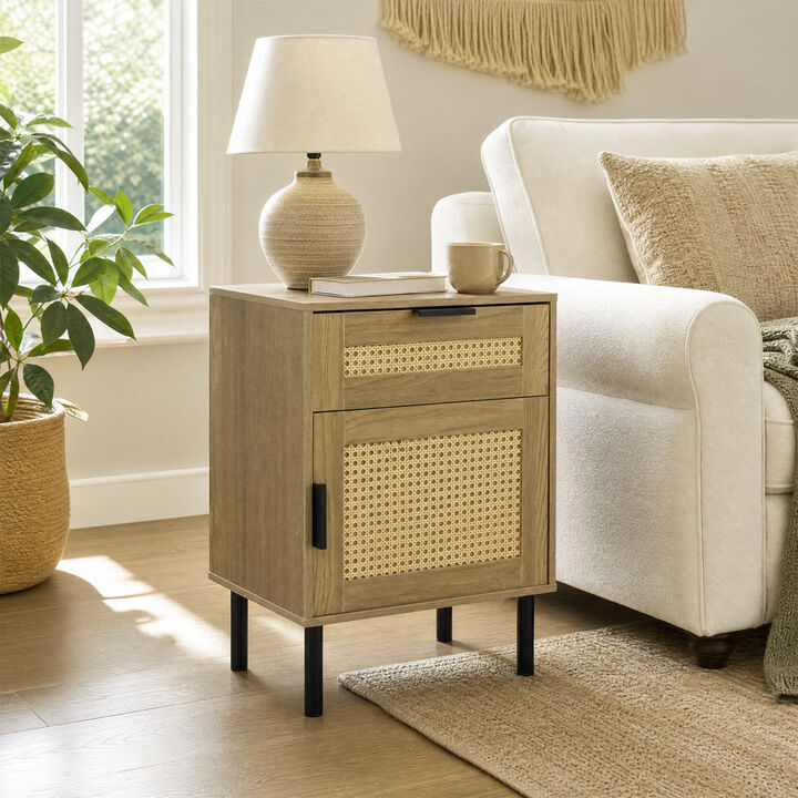 Rattan Nightstand with Drawer and Storage Cabinet for Bedroom and Dorm