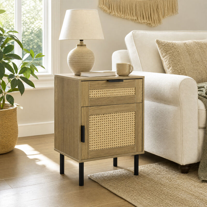 Rattan Nightstand with Drawer and Storage Cabinet for Bedroom and Dorm image number 1