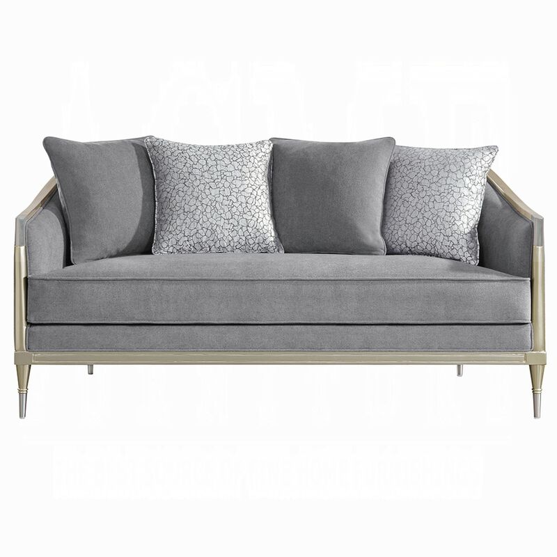 Fero Loveseat with 4 Pillows, Gray Chenille, Champagne Wood Trim, 71 Inch image number 2