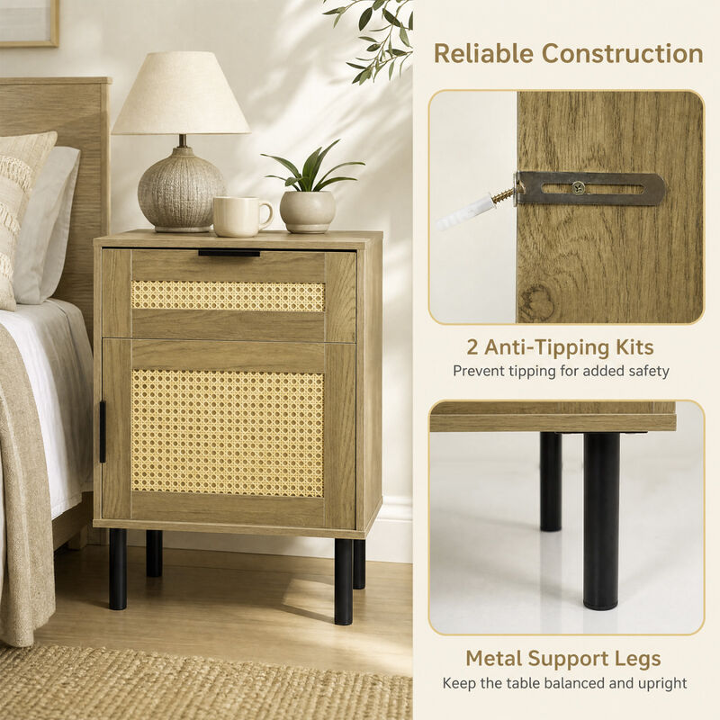 Rattan Nightstand with Drawer and Storage Cabinet for Bedroom and Dorm image number 4