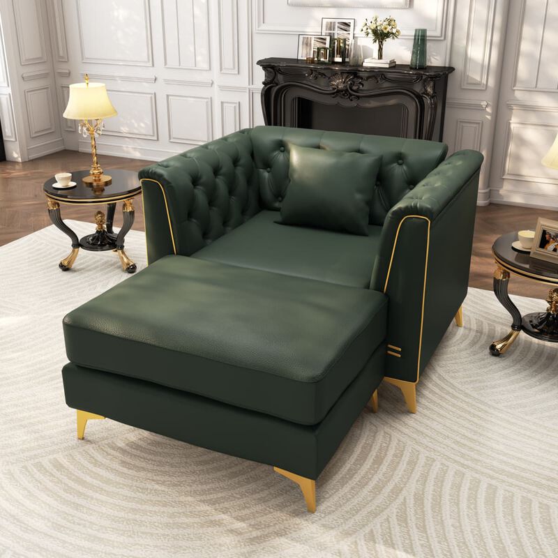 Modular Chesterfield Sofa Chair with Ottoman, Faux Leather Tufted Seating for Apartment, Metal Trim Arms and Tapered Legs image number 1