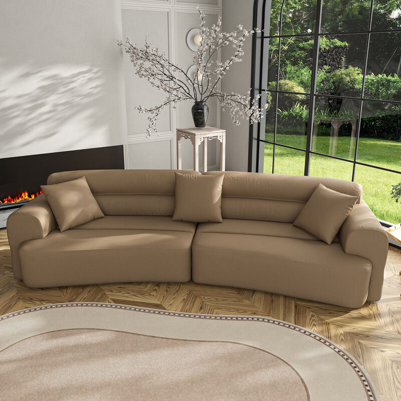 FUFU&GAGA Large Curved Sofa with 3 Throw Pillows & Armrests, Padded Upholstered Cushions, (110 in. W x 43.3 in. D x 31.5 in. H, Seat Depth 25.9 in.), Chocolate Brown