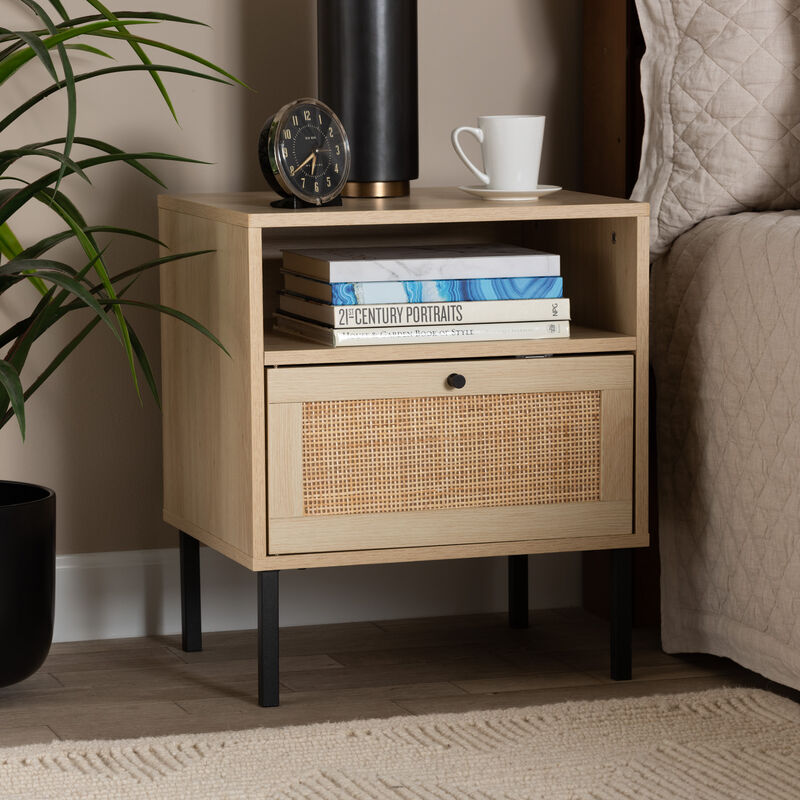 Baxton Studio Caterina Natural Brown Finished Wood and Natural Rattan 1 Door End Table image number 1