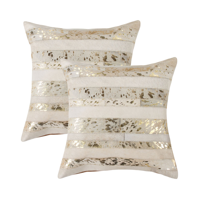 HomeRoots Set of Two 18" Natural and Gold Striped Cowhide Throw Pillows with Glitter image number 0