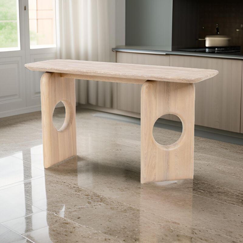 Aky 55 Inch Console Table, Faux Marble Top, Open Panel Frame, Natural Brown image number 1