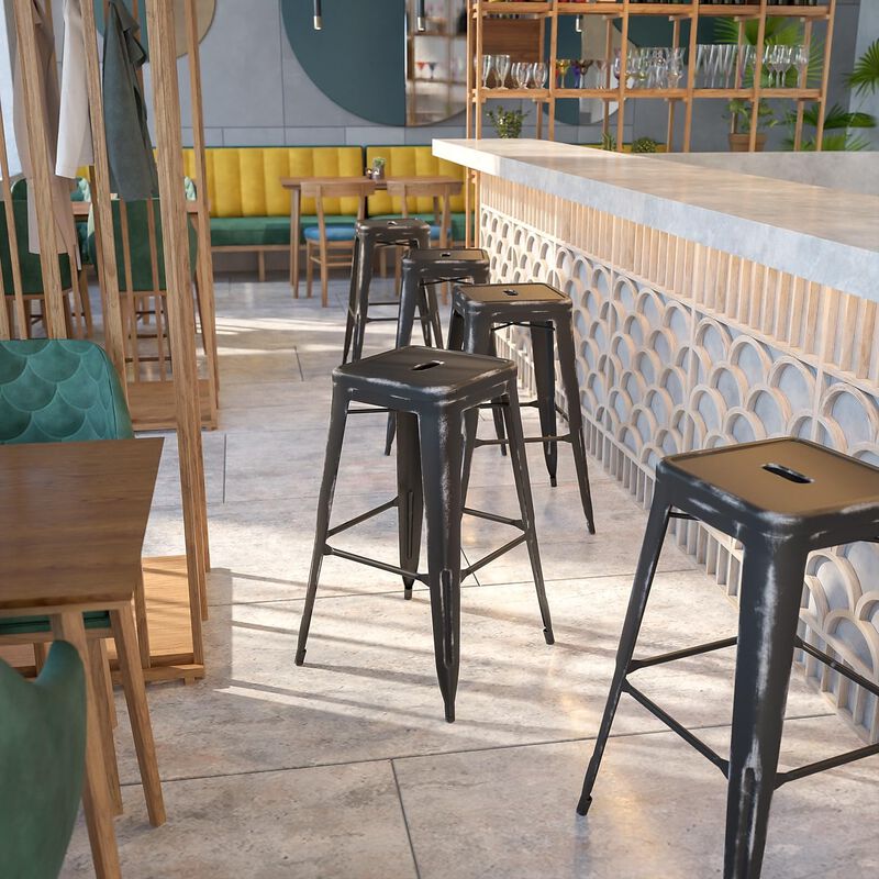 Flash Furniture Kai Commercial Grade 30" High Backless Distressed Black Metal Indoor-Outdoor Barstool image number 1
