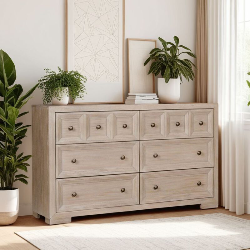 Kizie Wide Dresser, 6 Drawers, Bronze, Beige Solid Wood, 62 Inch - Benzara