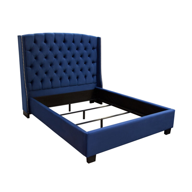 Mona Queen Size Bed, Navy Blue Velvet Upholstery, Nailhead Wingback Headboard