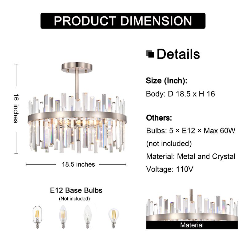 Ariel 18.5" 5-light Satin Nickel Drum Crystal Prism Flush Mount image number 5