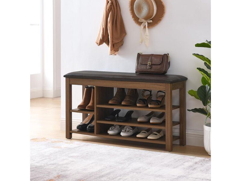 Entryway Wood Shoe Storage Bench Adjustable Shelves Brown image number 1