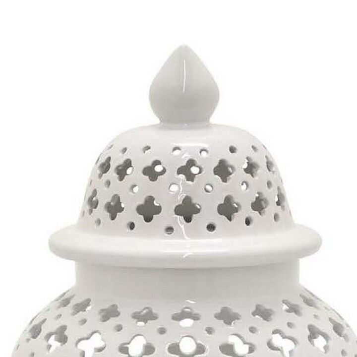 24 Inch Temple Ginger Jar, Ceramic White Carved Lattice Design with Lid - Benzara