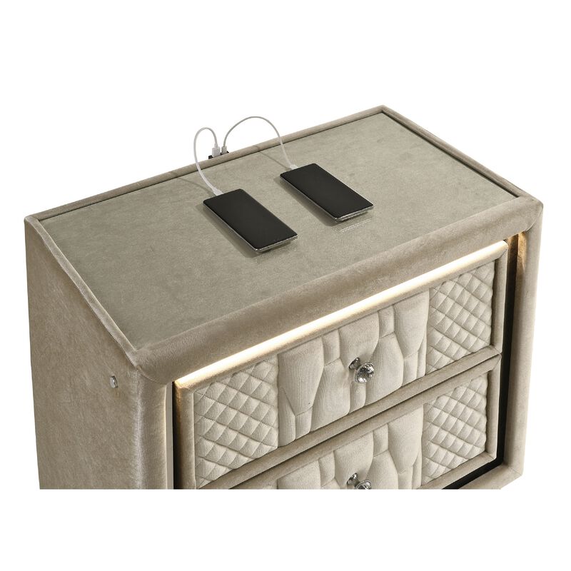 Maren Nightstand with 2 LED Drawers, USB Port, Velvet image number 6