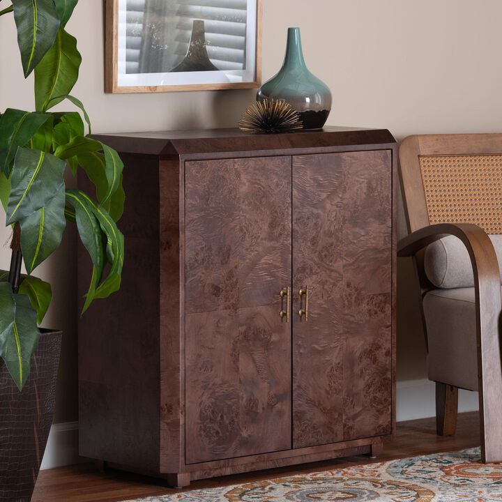 bali & pari Valora Real Burl Wood Storage Cabinet in Dark Walnut Brown - Modern Accent Cupboard with Double Doors and Brass Handles, Elegant Sideboard for Living Room, Entryway or Dining Area