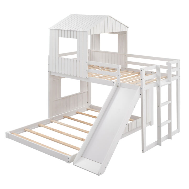 Wooden Twin Over Full Bunk Bed, Loft Bed with Playhouse, Farmhouse, Ladder, Slide and Guardrails, White(OLD SKU :LT000028AAK)