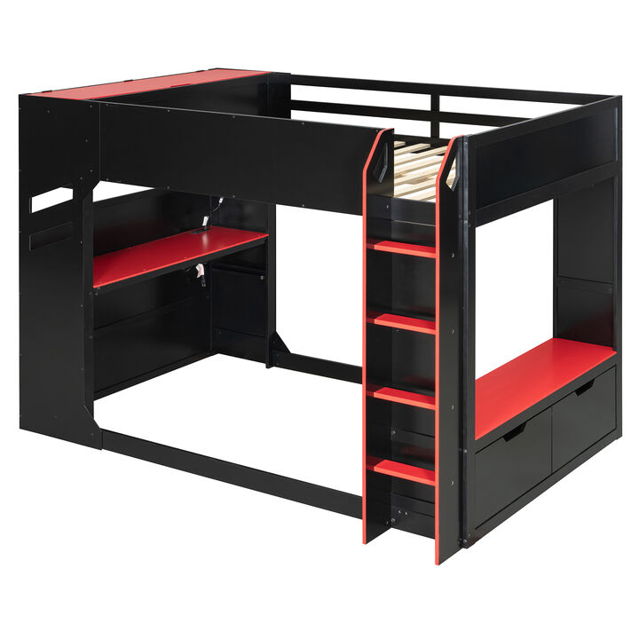 Merax Full Size Wood Loft Bed with Adjustable Desk, RGB Light, Storage Cabinet