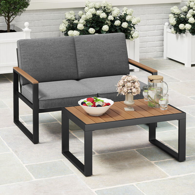 2-Piece Outdoor Aluminum Patio Set with Wood-Plastic Armrests and Table - Grey image number 1