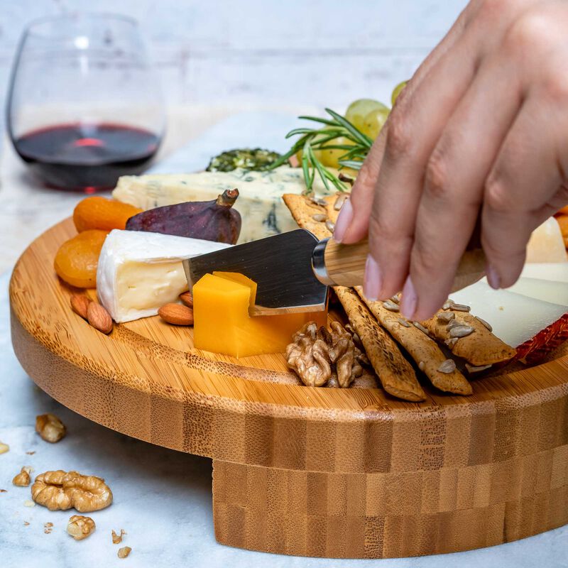 Bamboo Cheese Board and Knife Set - 10 Inch Swiveling Charcuterie Board with Slide-Out Drawer