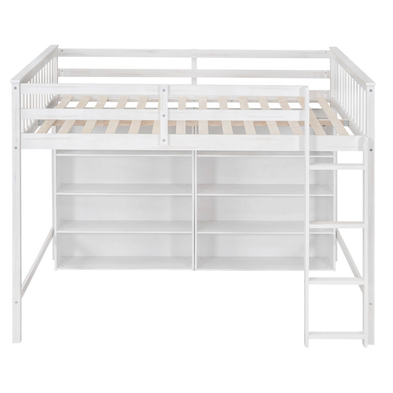 Whisen Full Size Loft Bed with Open Storage Shelves and Built-in Ladder - White