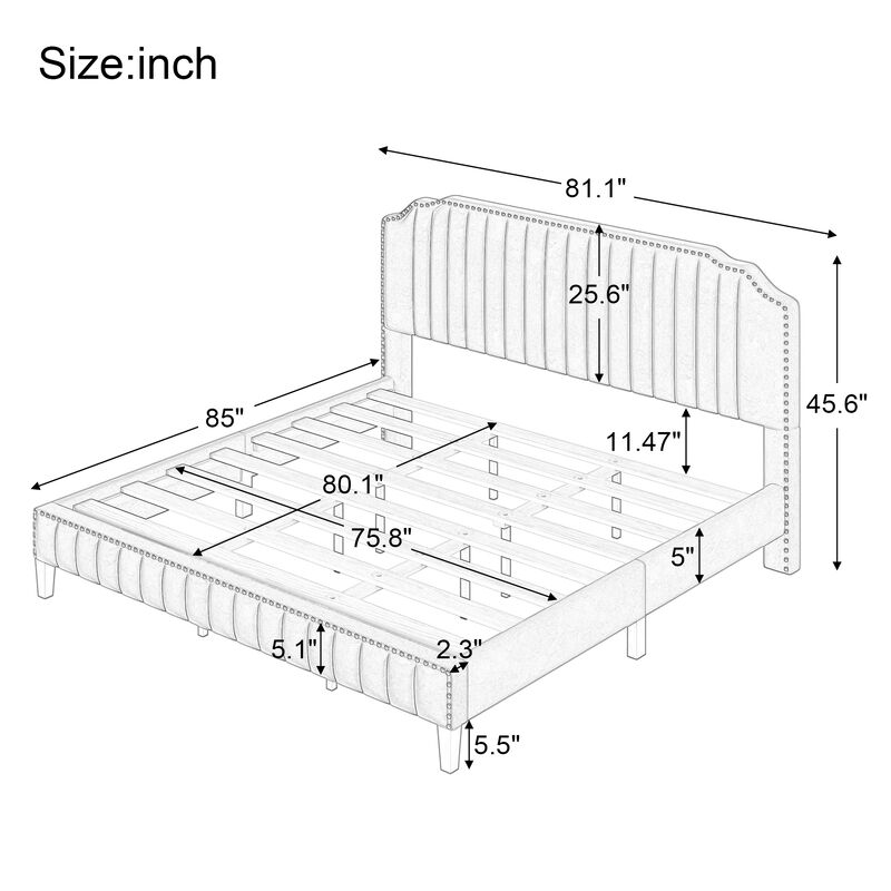 Merax Modern Linen Curved Upholstered Platform Bed , Solid Wood Frame , Nailhead Trim