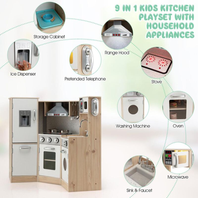 Hivvago Kids Corner Wooden Kitchen Playset with Cookware Accessories