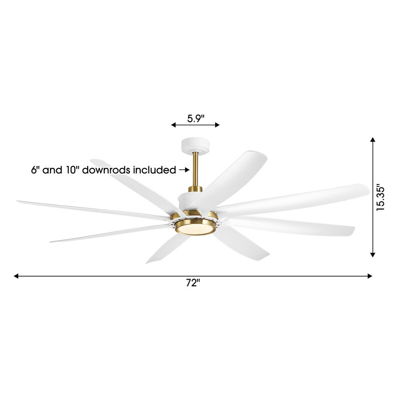 72" Modern Farmhouse White Reversible Dimmable 8 Blades Ceiling Fan with Light and Remote image number 5