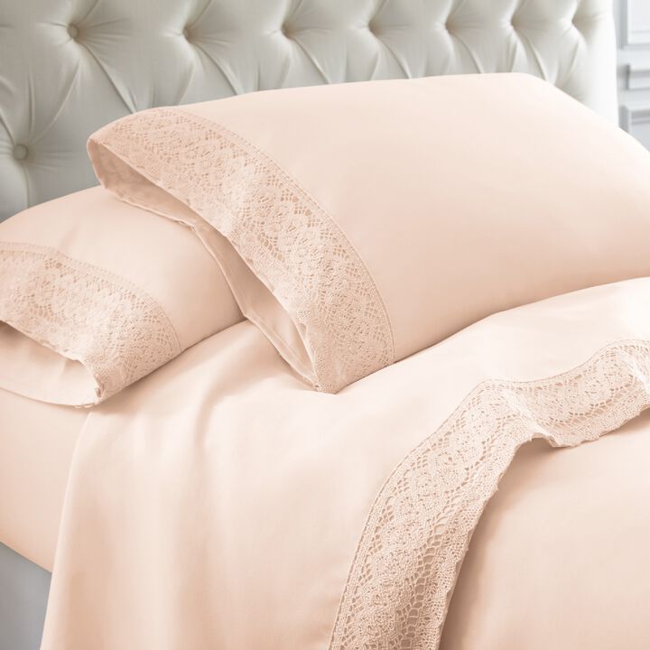Udine 4 Piece King Size Microfiber Sheet Set with Crochet Lace The Urban Port, Pink-Benzara
