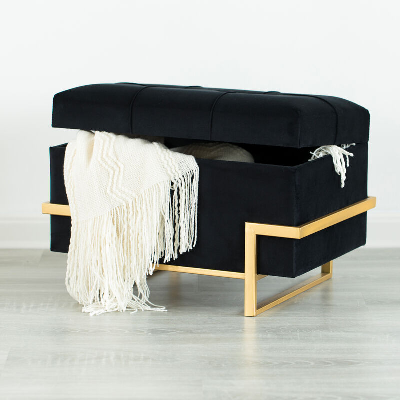 Rectangular Velvet Storage Ottoman with Gold Legs, Black