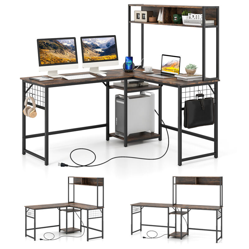 L-shaped Desk with Power Outlet Hutch