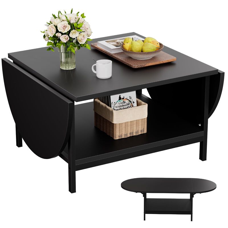 SAYGOER Black Coffee Table Modern Extended Coffee Tables with Storage for Living Room 2-Tier Unique Center Table with Two Foldab