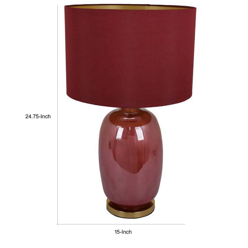 Gia 25 Inch Table Lamp, Drum Shade, Vase Shape Glass Body, Red Finish - Benzara