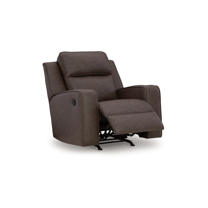 Livie Manual Rocker Recliner Chair, Dark Brown Gray Faux Leather - Benzara