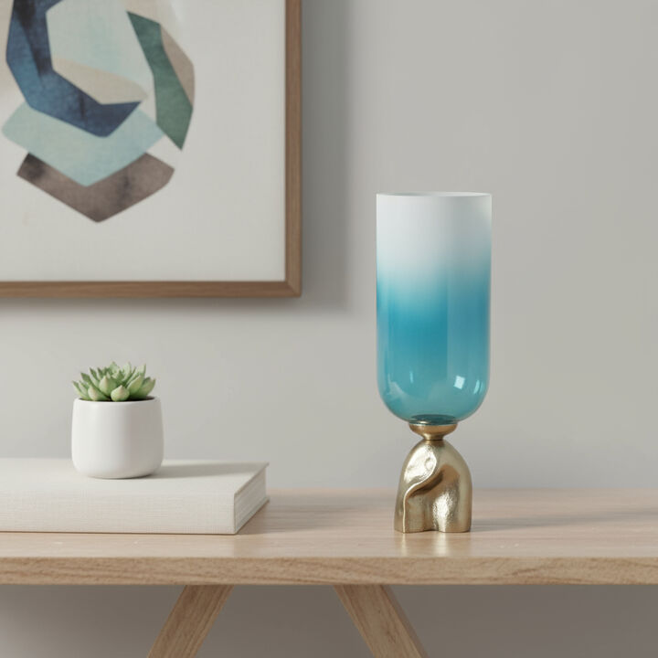 HomeRoots 18" Blue White And Gold Ombre Glass And Aluminum Pedestal Table Vase