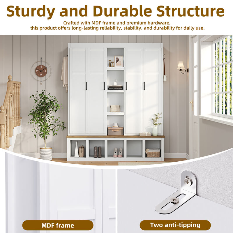 Merax Farmhouse 4-in-1 Hall Tree 6 Hanging Hooks, Wood Grain Bench | Shoe Cabinet with Open Storage