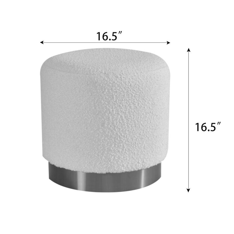 Glamour Home White Boucle Fabric Round Footstool Ottoman Golden Accent Base Medium Size