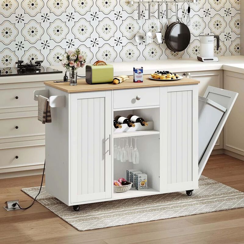 Portable Kitchen Island with Charging Station and Built-In Trash Cabinet-White image number 1