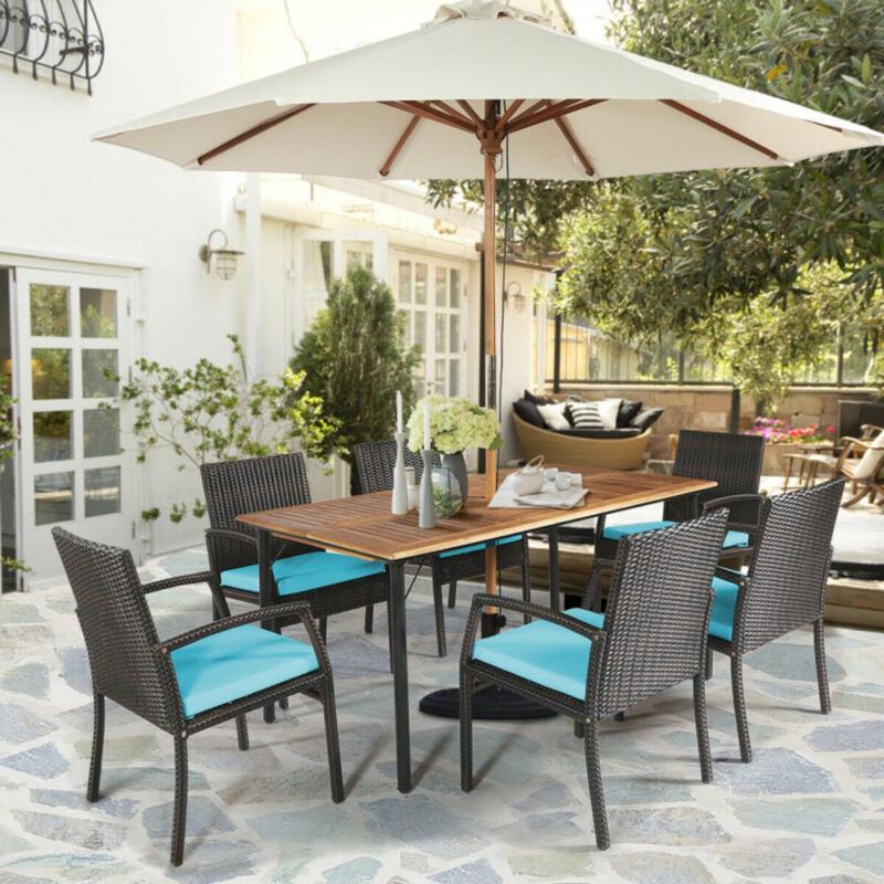 Hivvago 7 Pieces Patio Rattan Cushioned Dining Set with Umbrella Hole