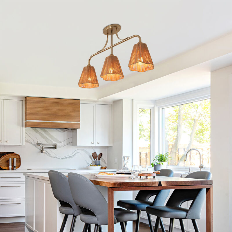 29.9" 3-Light Vintage Plated Brass LED Flush Mount Ceiling Light with Hemp Paper Rope Shade