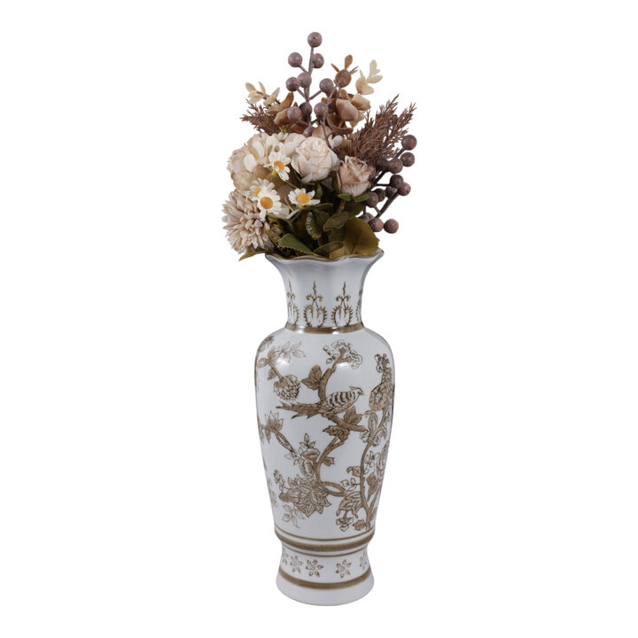 12x5" Chinoiserie Bird & Vines Vase, Brown/white