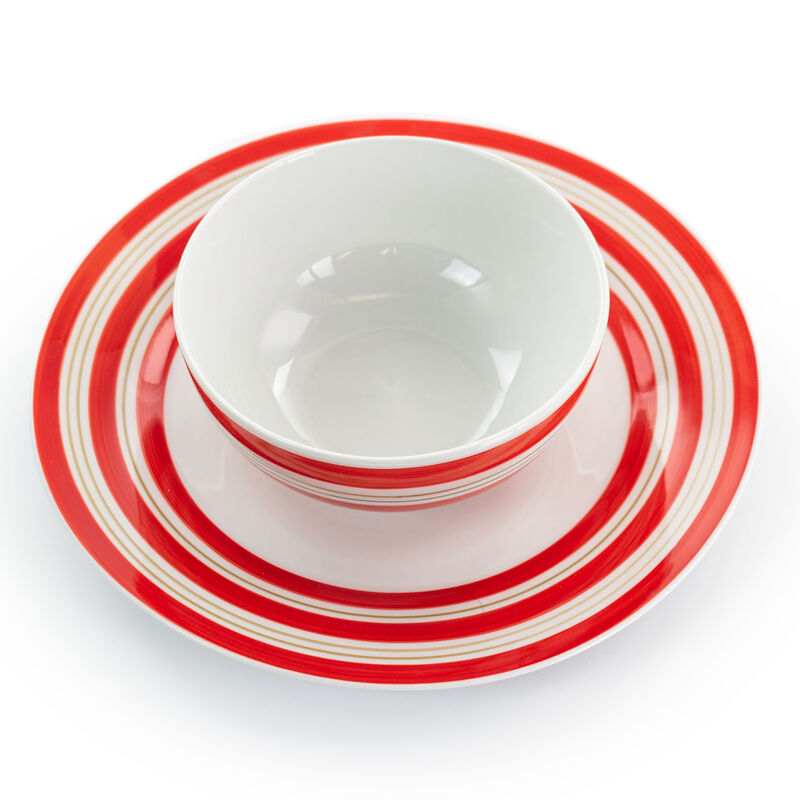 Gibson Home Sunset Stripes 12 Piece Round Fine Ceramic Dinnerware Set in Red