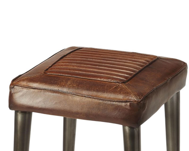 HomeRoots 32" Brown And Gray Genuine Leather And Iron Backless Counter Height Bar Chair image number 3