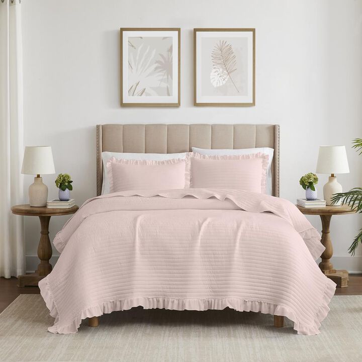 RT Designers Collection Carla 3 Pieces Washed Stitched Lightweight Quilts Set Queen Size For Bedding Rose