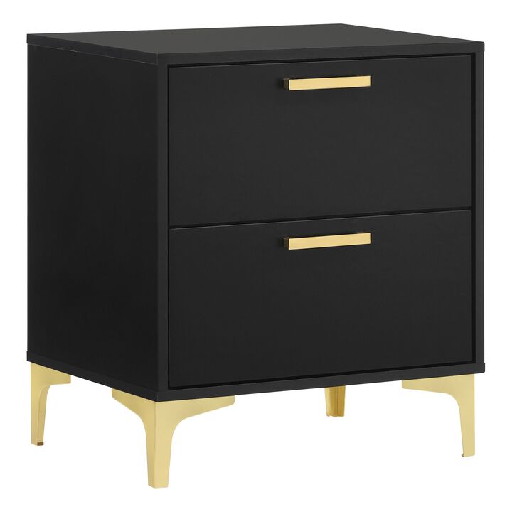 Lif 25 Inch Modern 2 Drawer Nightstand, Gold Metal Accents, Jet Black  - Benzara