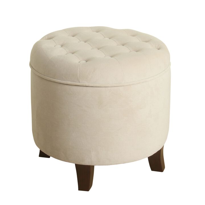 Button Tufted Velvet Upholstered Wooden Ottoman with Hidden Storage, Cream and Brown - Benzara