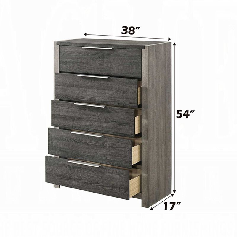 Joho Tall Dresser Chest, 5 Storage Drawers w Metal Handles, Gray Wood